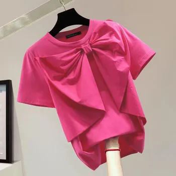 ZANZEA Женская мода с круглым вырезом и коротким рукавом, однотонная свободная блузка с декоративным узлом S белый