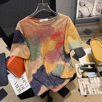 Футболка с короткими рукавами Design Sense Niche Tie Dye для женщин, летняя, новая, свободная, повседневная, с коротким рукавом, летний топ с коротким рукавом 3XL белый
