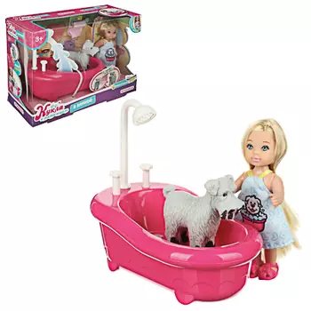 ИГРОЛЕНД Кукла с питомцем (меняет цвет) в ванной, 5 пр., 11,5см, ABS, ПВХ, полиэстер, 22х16х9см