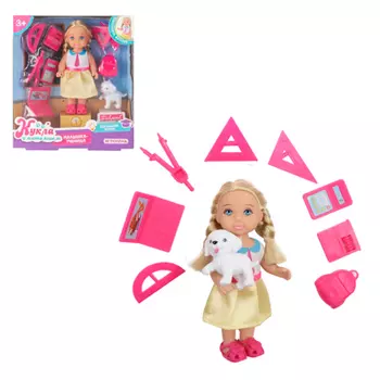 ИГРОЛЕНД Кукла в виде малышки-ученицы с питомцем, 11,5см,10пр, ABS, полиэстер, 14,5х16,5х4,5см