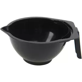 DEWAL PROFESSIONAL Чаша для краски с ручкой, носиком и расческой на бортике, с резинкой на дне (черная) 300 мл