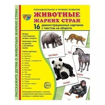 Демонстрационные картинки Животные жарких стран 16 карточек с текстом Учебно-методическое пособие с комплектом демонстрационного материала познавательное и речевое развитие