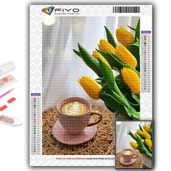 Алмазная вышивка Тюльпаны и кофе 5D DIY Алмазная картина Вышивка крестиком Горный хрусталь Full Round 20X30CM