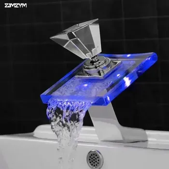 Смеситель для раковины в горячей и холодной воде, медный кран «Водопад» из хрустального стекла светодиодный светодиодной подсветкой, меняет цвет, для ванной комнаты, хромированная отделка