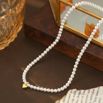 Banyan Tree S925 Silver Korean Love Pearl Heart Necklace – Retro Gold Bean Clavicle Chain 3mm белого золота