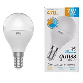 Лампа Gauss Basic шар 7W E14 470LM 3000K-4000K-6500K