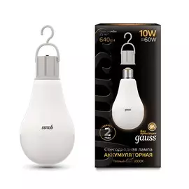 Лампа Gauss LED A60 10W E27 640lm 3000K с Li-Ion аккумулятором 1/10/60