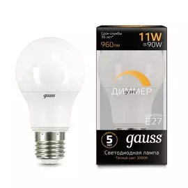 Лампа Gauss LED A60-dim E27 11W 960lm 3000К диммируемая 1/10/50