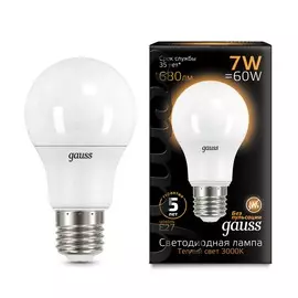 Лампа Gauss LED A60 E27 7W 680lm 3000K 1/10/50