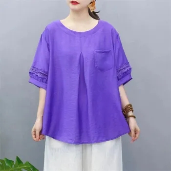 Летний круглый вырез Tencel Cotton Корейская версия Утягивающий корейский вариант Повседневный топ Женская корейская версия кружева с короткими рукавами Футболка one size зелёный