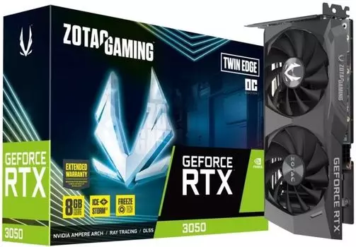Видеокарта PCI-E Zotac GeForce RTX 3050 AMP (ZT-A30500F-10M) 8GB GDDR6 128bit 8nm 1552/14000MHz 3*DP/HDMI