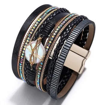 Кожаный браслет для женщин Многослойный браслет в стиле бохо Femme Jewelry хаки