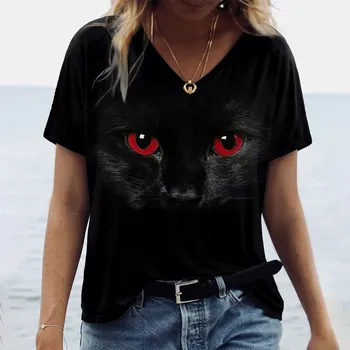 Женская футболка Kawaii Cat Print 3d футболка Топ Модные футболки с короткими рукавами Y2k с v-образным вырезом Женская одежда Летние футболки больших размеров XXS