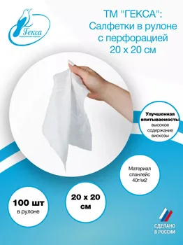 Салфетка рулон - пл.40 - 200х200 мм (спанлейс) (100шт/рул.), ТМ Гекса