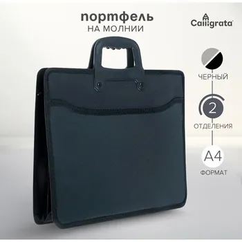 Портфель 2 отделения а4, пластиковый, с ручкой, на молнии, черный