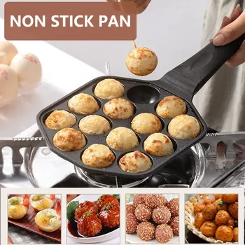 Сковорода Takoyaki с 12/14 отверстиями, шарики осьминога с деревянной ручкой, сковорода для жарки, чугунная форма, бытовой антипригарный кухонный инструмент
