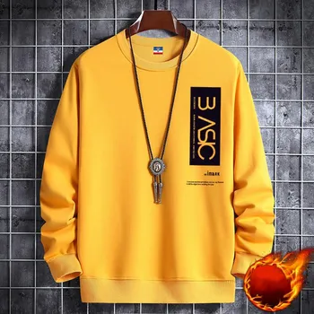Fashion Black Men s Solid Round Neck Sweater Long Sleeve Loose Fit White Blue Casual Print Thickening Warm Sweatshirt Yellow M