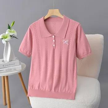 Women s T-shirt Short-sleeved Butterfly Embroidered Summer Jacquard Sweater Ice Silk Shirt Lapel Top XXXXL