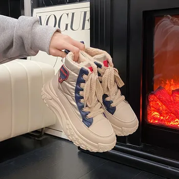 Korean version of thick-soled high-top women s shoes, winter velvet warm and versatile ins student leisure sports cotton shoes 35
