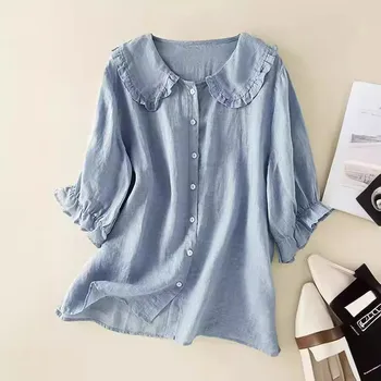 Women s Summer Loose Medium Sleeve Doll Neck Top Solid Color Casual Single Row Multi-button Shirt 3XL белый
