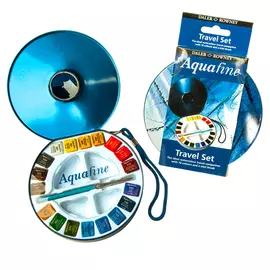 Набор акварели дорожный Daler-Rowney "AQUAFINE" 18 цв. в кюветах, 1 кисть, 2 палитры, в металле