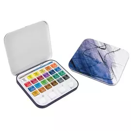 Набор акварели дорожный Daler-Rowney "AQUAFINE" 24 цв. в кюветах, 1 кисть, 2 палитры, в металле