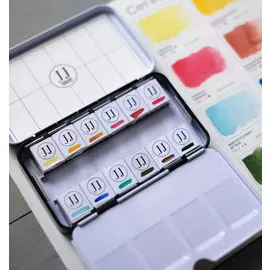 Набор акварели "JJ Watercolor" Basic 12 цв. в кюветах, металлическая коробка