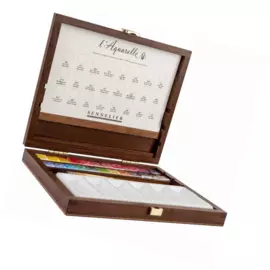 Набор акварели Sennelier "Artists" Deluxe в полукюветах, 24 цвета, аксессуары, деревянная коробка
