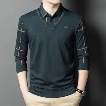 Long-sleeved T-shirt for Men Spring and Autumn New Fake Two-piece Men s Shirt Collar Plaid Casual Middle-aged Bottoming Shirt for Men M
