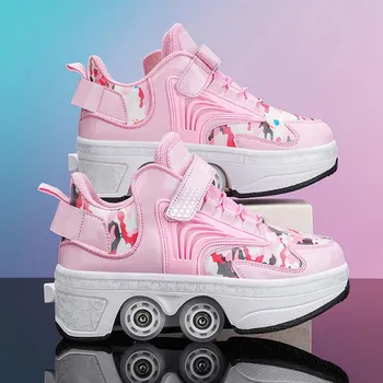 Student Version Four-wheel Runaway Shoes 6-12 Years Old Runaway Pulley Shoes Girls Youth Sports Shoes Adult Skates Men 33