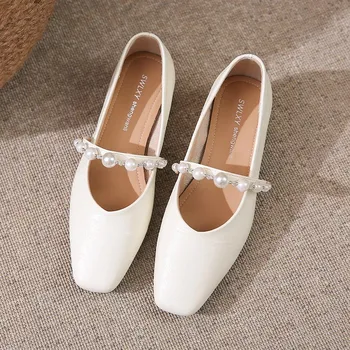 Spring new simple fashion square head pearl word with shallow mouth single shoes versatile fashion Mary Jane shoes women 34
