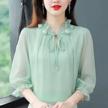 Women s Summer Five-quarter Sleeve Chiffon Shirt Solid Color Temperament Design Tie Blouse 3XL белый