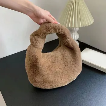 Женская сумка-полумесяц из меха, роскошные теплые плюшевые сумки на запястье для женщин, модный меховой клатч с короткой ручкой, дамские кошельки для монет 30x7x19cm чёрный