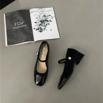 Модные туфли Мэри Джейн на толстом каблуке, новые женские весенние вечерние туфли на среднем каблуке во французском стиле, черные маленькие кожаные туфли с квадратной головкой 35 бежевый