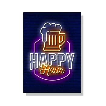 Неоновый эффект Пиво Happy Hour Паб Плакат Печать Холст Картина Настенная картина Для Бара Гостиная Домашнее украшение БЕЗ СВЕТОДИОДОВ 21*30cm No Frame