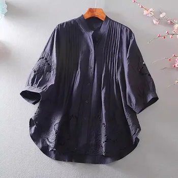 Station Hollow Embroidery Flower Heavy Industry Loose Lotus Leaf Edge Premium Sense Cotton and Linen Shirt Женская летняя рубашка M синий
