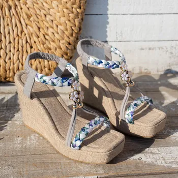 2025 New Elastic Band Thick-soled Wedge Heel Sandals women s High Heels with Hemp Rope Woven Soles Bohemian Vacation Beach Shoes 35 оранжевый