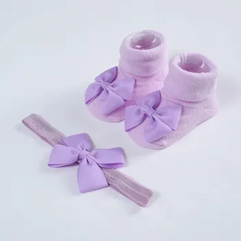 Knitted Cotton Baby Girl Socks with Headband Newborn Socks and Hairband Ribbon Bow Breathable Socks Babies Accessories 3-12M