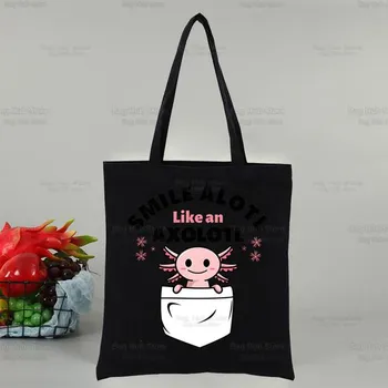 Аксолотль милый мультфильм Harajuku холст женские Ulzzang черные большие вместительные повседневные модные сумки на плечо с животными в стиле каваи 24*26cm