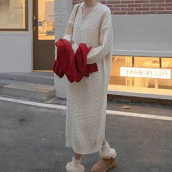 Autumn Lazy V-neck Twist Sweater Long Loose Over Knee Knitted Bottom Shirt Wear Dress one size fits all