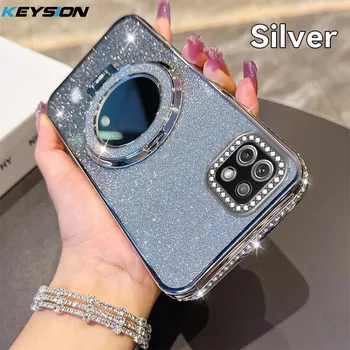 KEYSION Luxury Glitter Jewelled Magnetic Phone Case for Samsung Galaxy A22 A22S 5G A12 M12 Makeup Mirror Stand Shockproof Cover for Samsung A22 4G чёрный