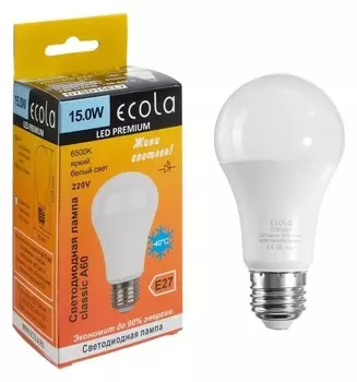 Лампа светодиодная Ecola Classic Premium, а60, 15 Вт, е27, 6500 К, 220 В, 120х60 мм