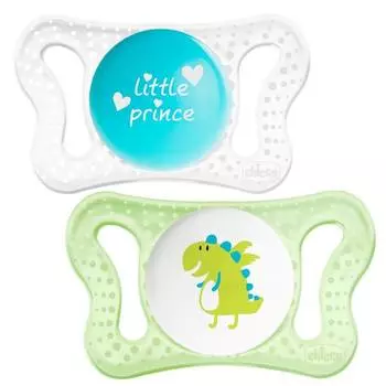 Пустышка Chicco Micro для принца, силикон, 0-2 мес., 2 шт., динозавр/нейтральный