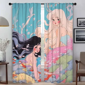 Mermaid Blackout Curtains for Living Room Home Interior Curtains 2 Pieces Window Curtain Tulle for Bedroom Halloween Decoration W50xH70cmx2pcs-CL