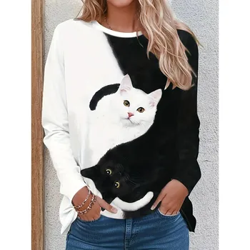 Женские модные топы Повседневная футболка с принтом 3D Cat Футболка со свободным рукавом и длинным рукавом с круглым вырезом Женская футболка Harajuku S