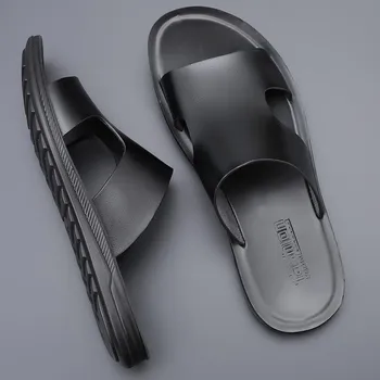 2024 New Men Leather Slipper Summer Fashion Slides Simple Sandals Comfortable Cool Beach Shoes 39 чёрный