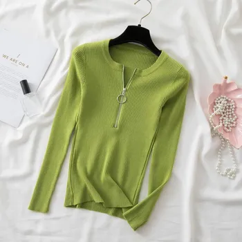Осень Новые молнии круглый вырез свитера свитера женские Slim Fit длинный рукав база вязаный свитер топы женские элегантные однотонные модные зимние джемперы 25500 One Size чёрный