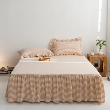 Geometric Plaid Pattern Bed Skirt Set 100% Cotton Ruffles Bed Cover High Quality Skin-friendly 3Pcs Bedding Set for Kids Adults 150x200x45cm 3pcs