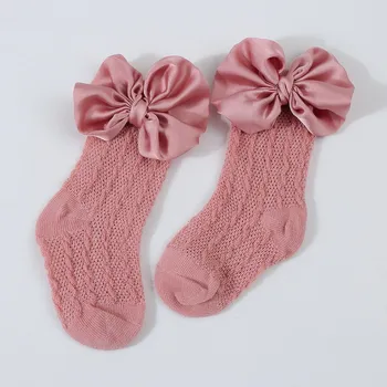 1Set Newborn Big Bowknot Headbands Hollow Out Long Socks New Baby Soft Solid Prewalker Sock Girl Infant Knitted Hairband Socks