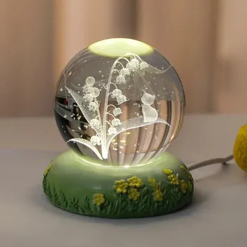 3D хрустальный шар роза гвоздика цветок хрустальный шар ночник со светящейся основой стеклянный шар украшения подарок на день рождения Natural Light Base
